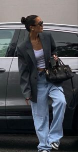 fashion outfit, oversized blazer, baggy jeans, black bag.